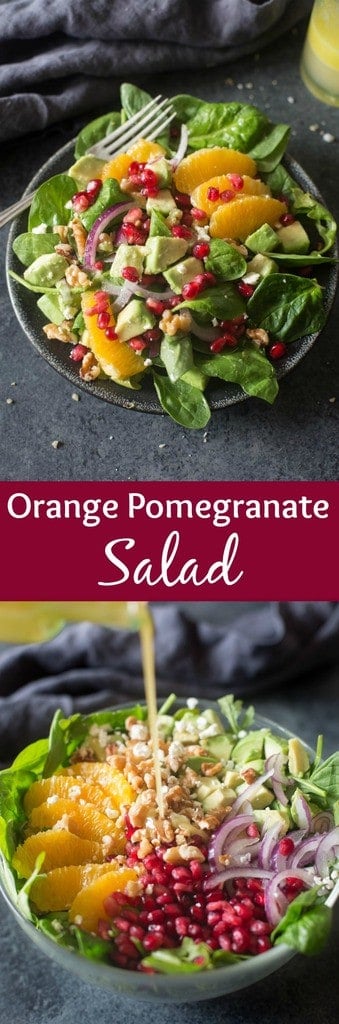 This Orange Pomegranate Salad is the perfect easy holiday side dish. Layered with sweet pomegranate arils, avocados, fresh oranges, thinly sliced onions, toasted walnuts and feta cheese. It has the perfect crunch and sweetness to accompany any dinner!| Tastes Better From Scratch