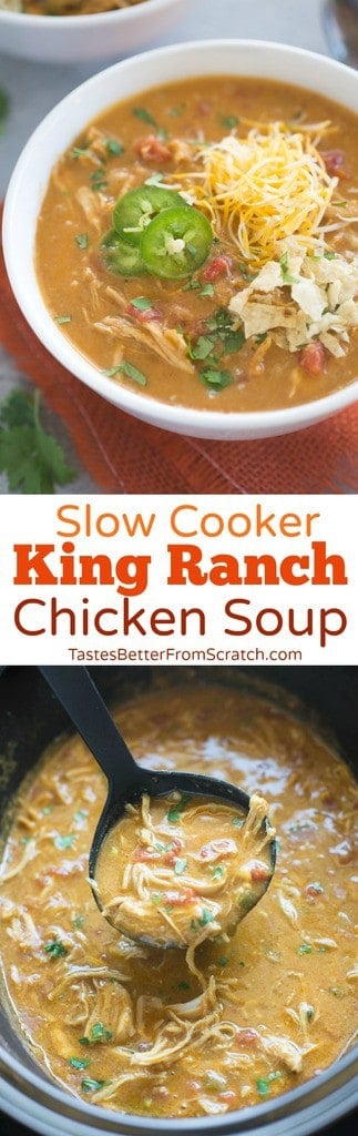 There is so much to love about this delicious Slow Cooker King Ranch Chicken Soup! It's one of the easiest soups to make but the bold and flavorful Tex-Mex inspired flavors really can't be beat! Total bonus that the slow cooker does most of the work. | Tastes Better From Scratch