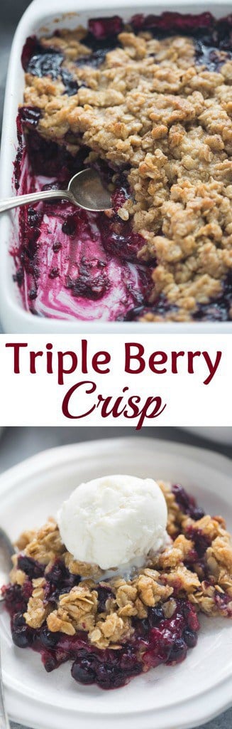 The easiest Triple Berry Crisp made with frozen berries for a juicy berry filling nestled under a crispy oat topping.| Tastes Better From Scratch