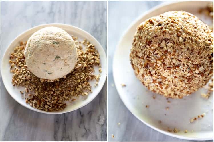 Side by side process photos of how to coat a cheese ball in nuts.