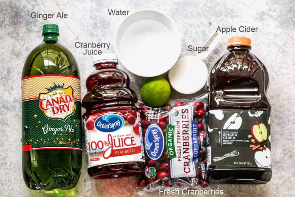 The ingredients needed to make Christmas Punch.
