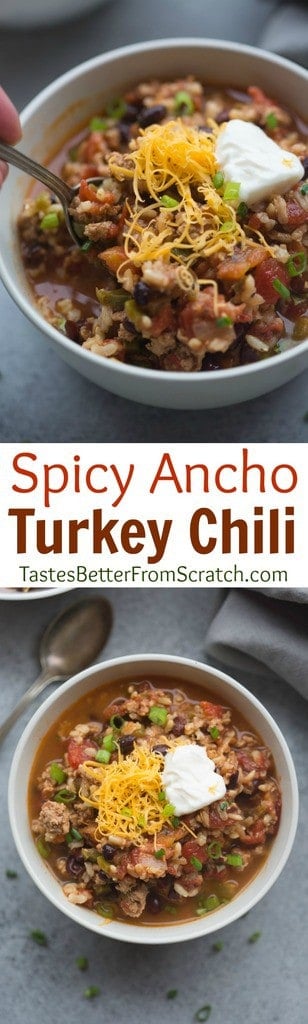 Spicy Ancho Turkey Chili has easily becomes a new favorite chili recipe! It's bursting with bold, spicy flavor, and only takes 30-minutes to make!| Tastes Better From Scratch