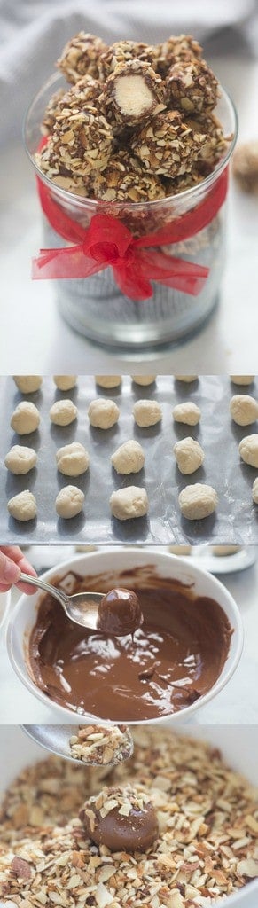 These 5-ingredient, no bake Vanilla Creme Balls are the perfect easy candy to make for family, friends and neighbors this holiday season! A creamy vanilla center, coated in chocolate and toasted almonds. | Tastes Better From Scratch