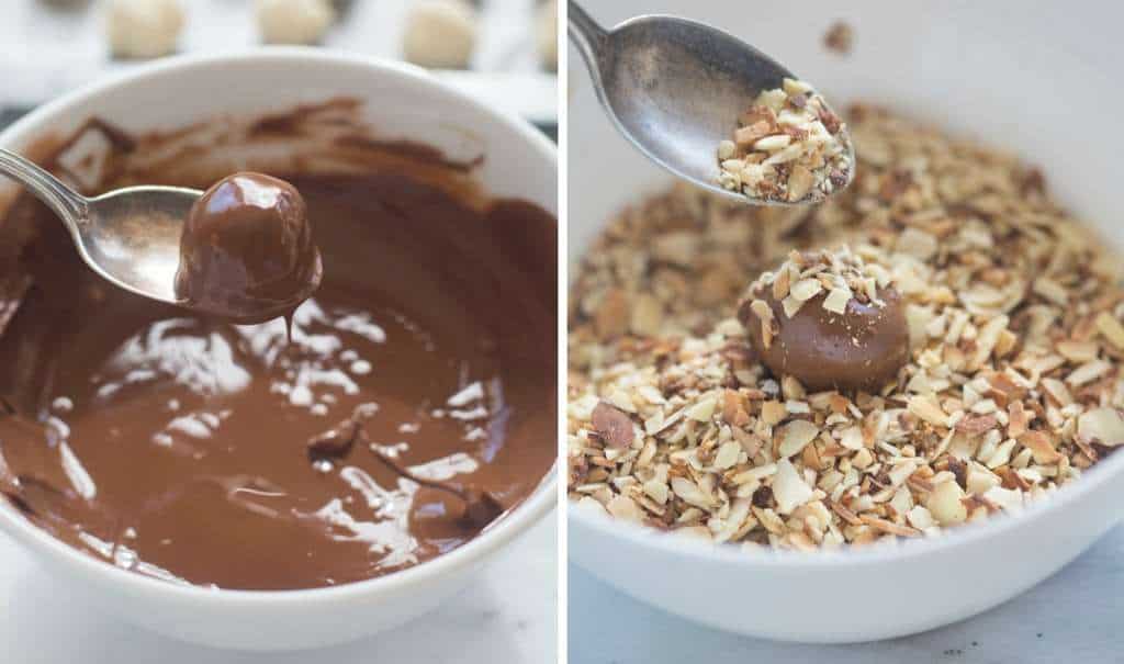 Side by side images of the vanilla creme ball being dipped in melted chocolate and the chocolate covered ball being covered with thinly sliced almond bits.