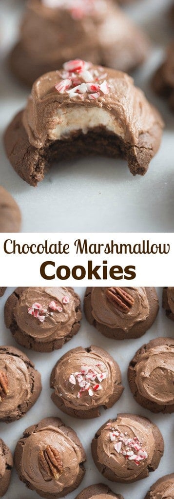 Chocolate Marshmallow Cookies are one of my favorite holiday cookies! Start with a delicious chewy chocolate cookie, topped with a warm marshmallow and smooth chocolate frosting. | Tastes Better From Scratch