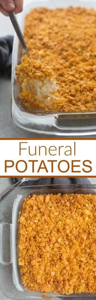 Easy, cheesy funeral potatoes are a delicious hash brown casserole that makes the perfect warm, comforting side dish!| Tastes Better From Scratch