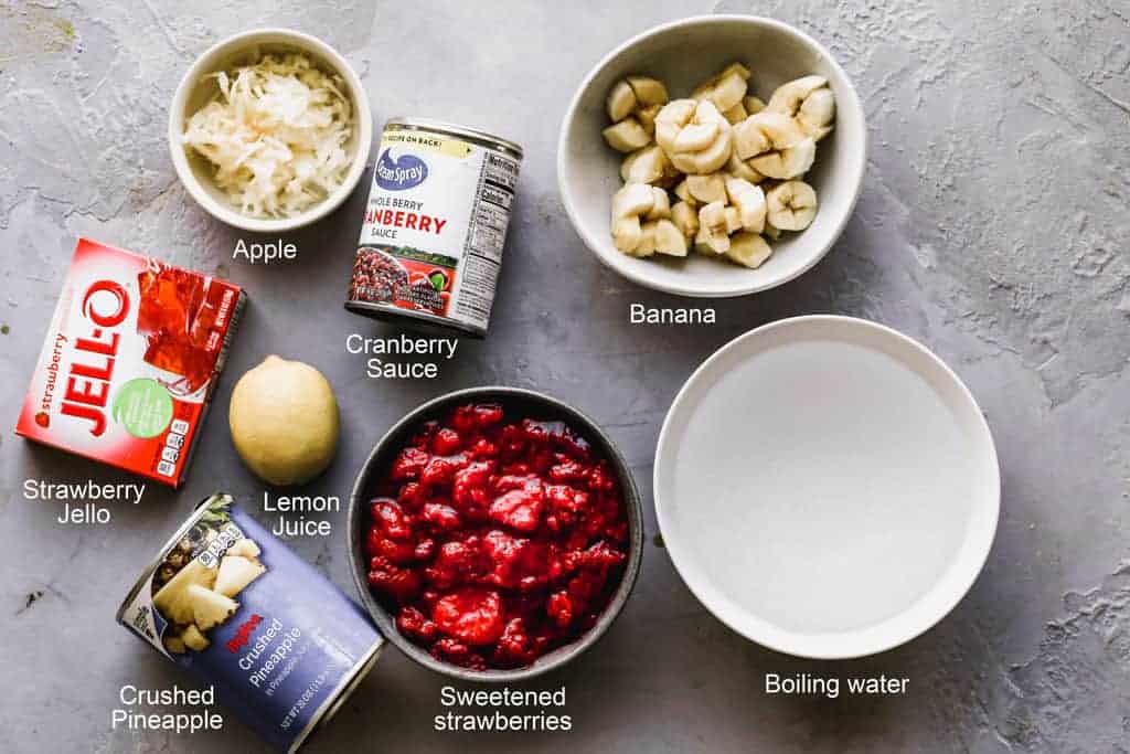 Labeled ingredients needed to make Jello Fruit Salad.