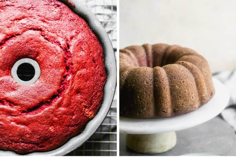 Baked red velvet bundt cake in the pan, then inverted onto a cake stand.