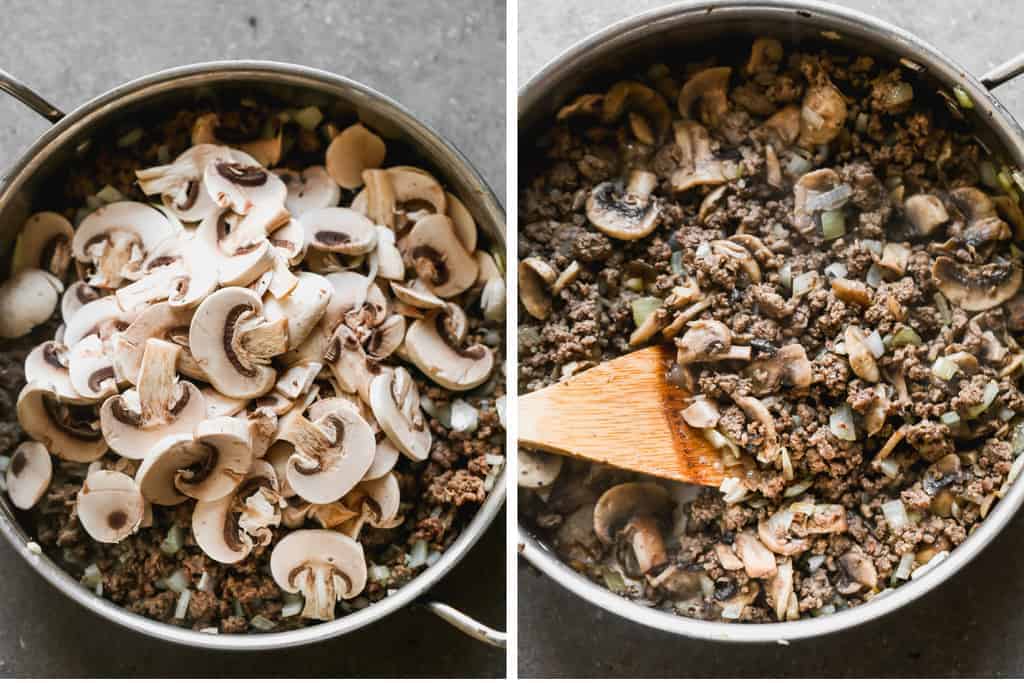 Browned ground beef and fresh mushrooms slices in a skillet and then cooked and stirred with a wooden spoon.