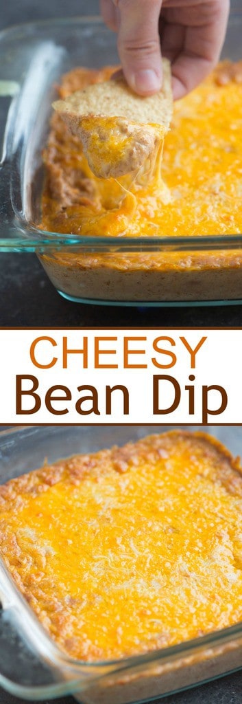 This warm, cheesy bean dip has just 6 ingredients and is the yummiest easy appetizer! Serve as a dip with tortilla chips or even inside tacos, or as a Mexican side dish. | Tastes Better From Scratch