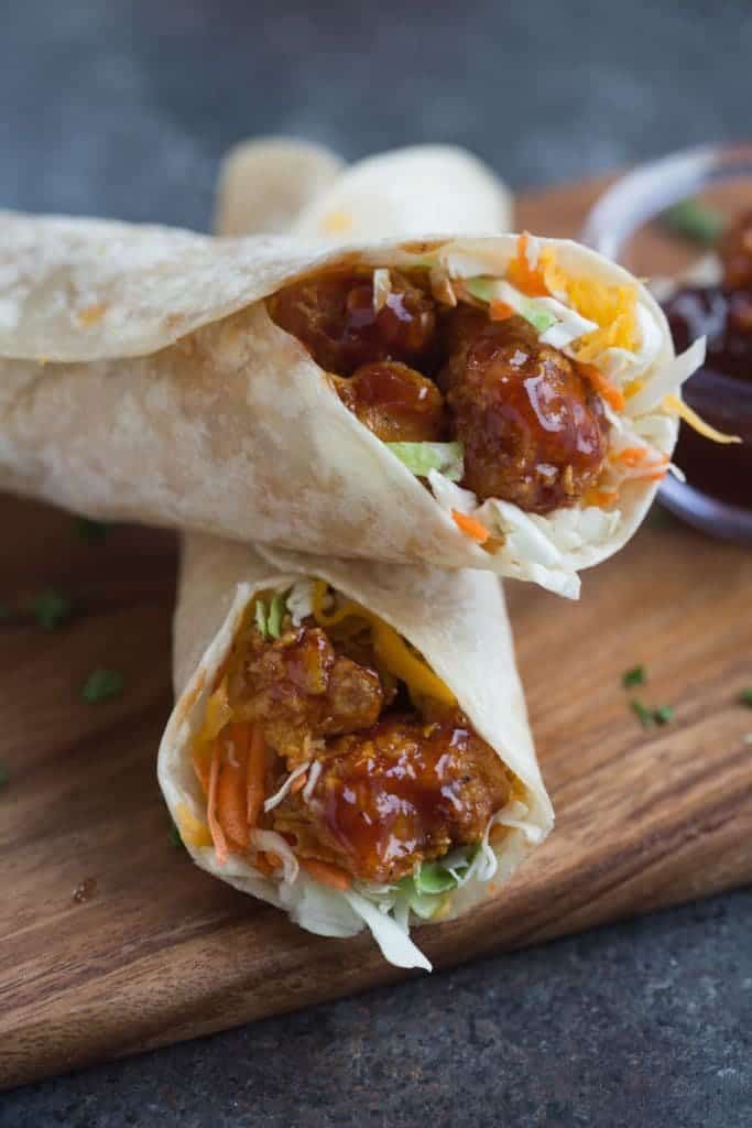 Honey BBQ Chicken Wraps made with crispy baked chicken smothered in honey bbq sauce. | Tastes Better From Scratch