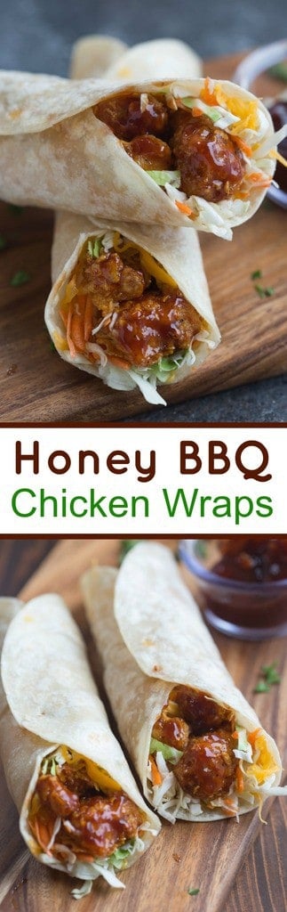 Honey BBQ Chicken Wraps made with crispy baked chicken smothered in a simple homemade honey bbq sauce. | Tastes Better From Scratch