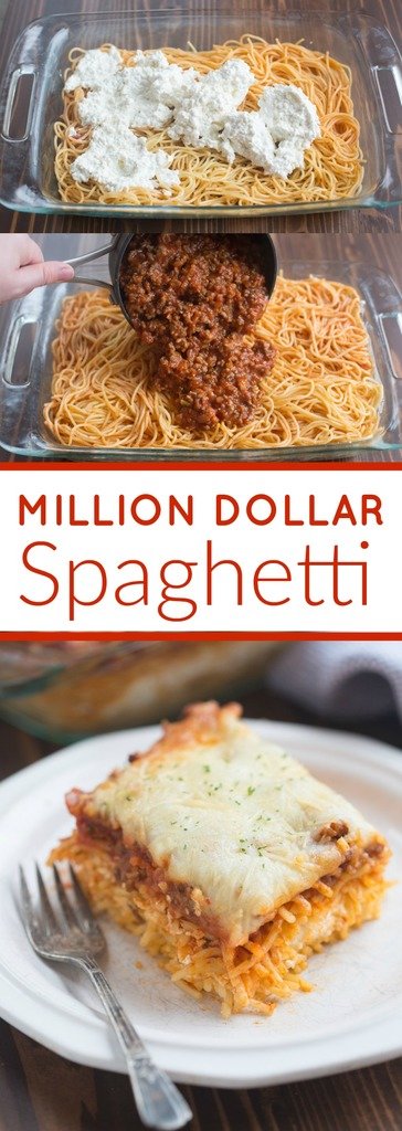Million Dollar Spaghetti is a DELICIOUS easy dinner idea! The noodles are layered with a cheesy center and topped with a yummy homemade meat sauce and cheese. | Tastes Better From Scratch