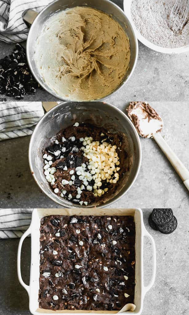 Three collage images for making Oreo bars in a mixing bowl the pressing mixture into a baking pan.