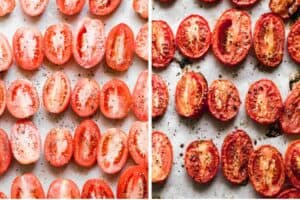 Two process photos of sliced tomatoes on a tray, roasted, to make roasted tomato soup.