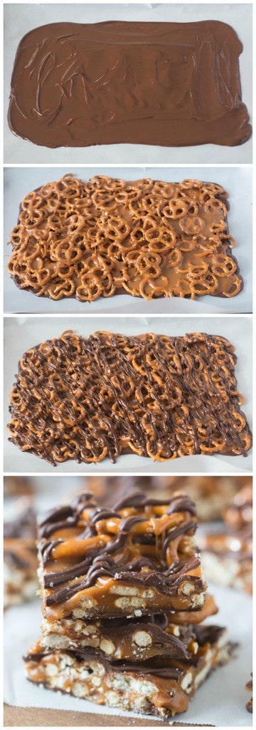 How to make chocolate caramel pretzel bars step by step - spreading of chocolate, topping with pretzels and caramel sauce, drizzled chocolate, and the finished cooled final product.