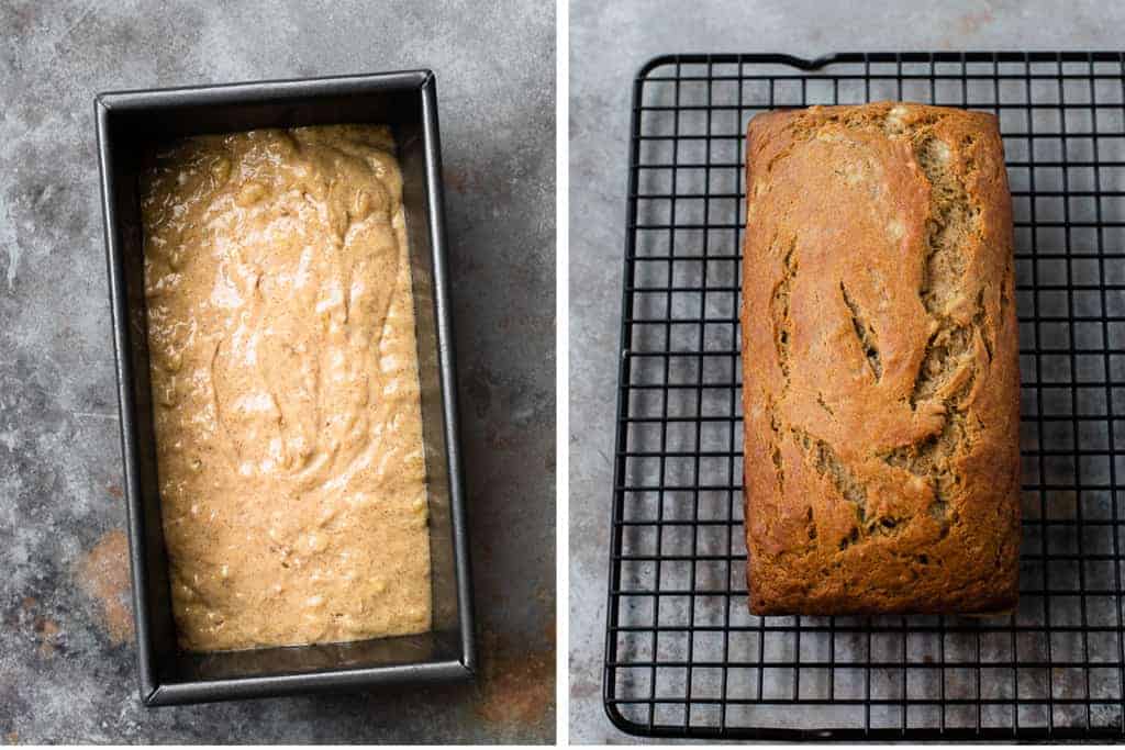 Healthy banana bread batter in a bread pan next to another photo of the baked bread.