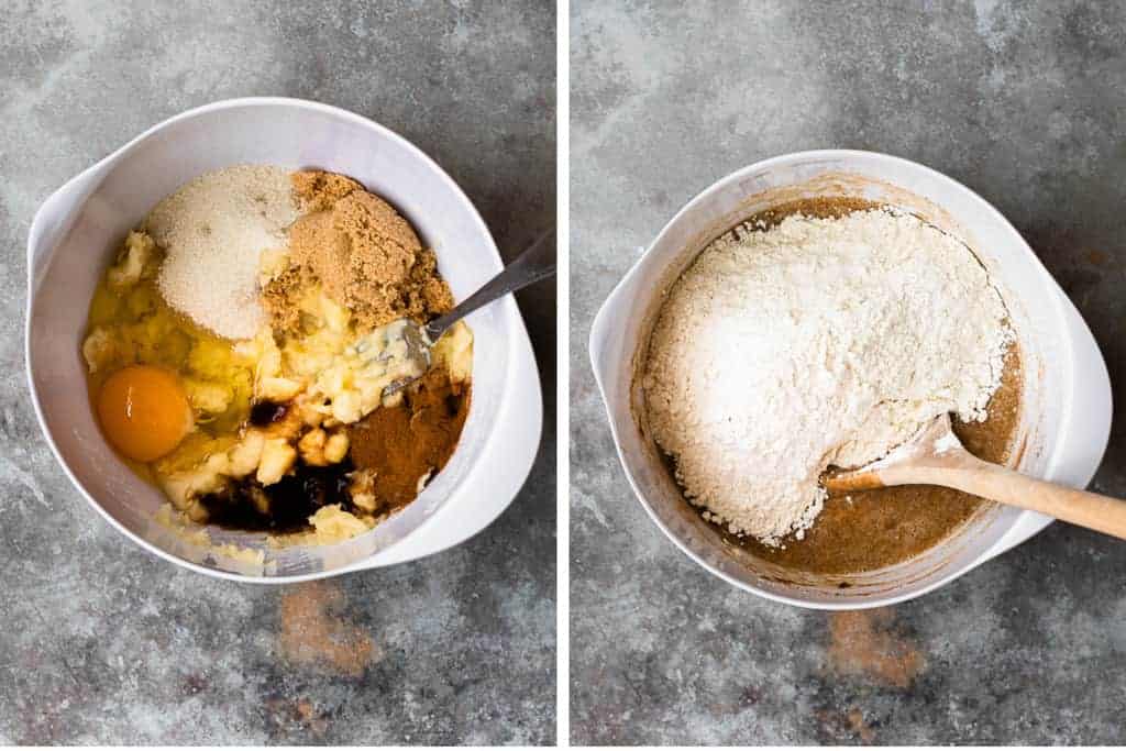 Deux photos de processus pour mélanger les ingrédients humides pour un pain aux bananes sain, puis ajouter les ingrédients secs.