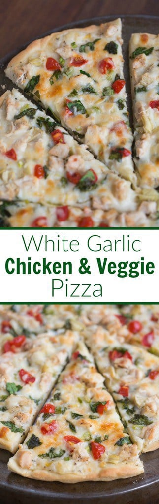 White Garlic Chicken and Vegetable Pizza with my favorite creamy white garlic sauce and the BEST homemade pizza crust! | Tastes Better From Scratch