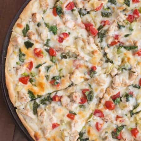 White Garlic Chicken and Vegetable Pizza with my favorite creamy white garlic sauce. | Tastes Better From Scratch