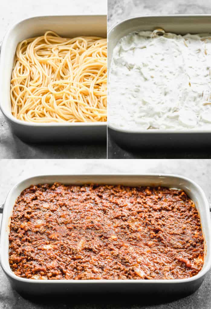 Three process photos for assembling million dollar spaghetti.