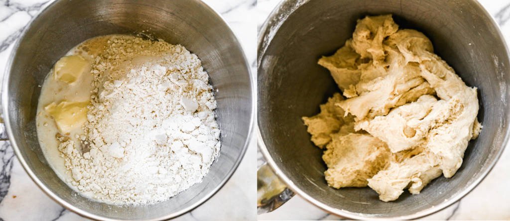 Deux photos de processus pour faire de la pâte à brioche à la cannelle dans un mélangeur.