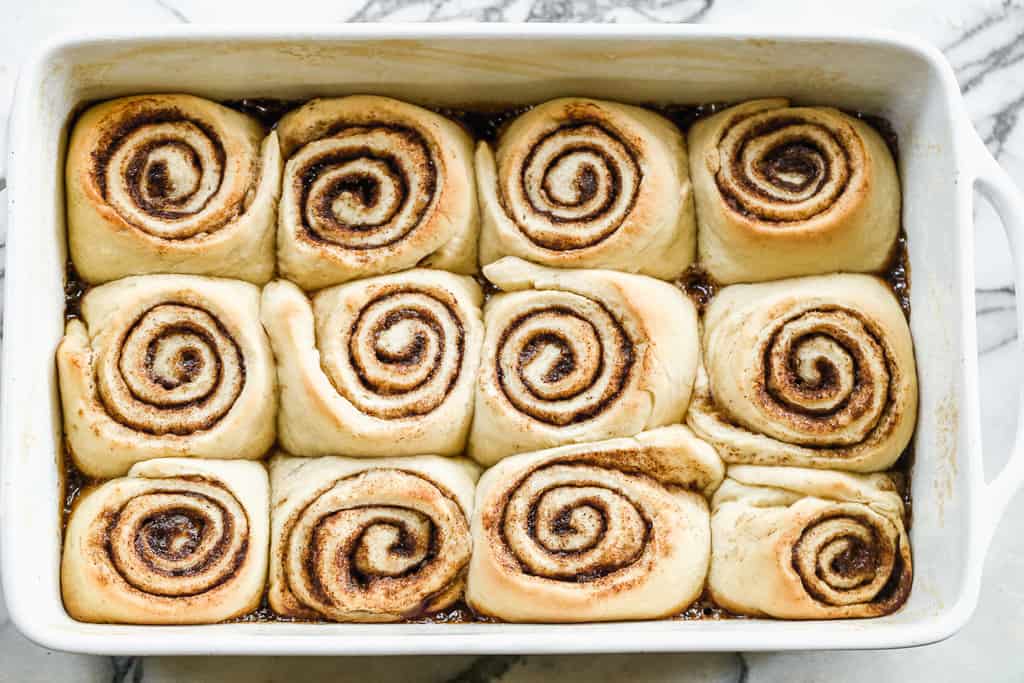 A pan of freshly baked cinnamon rolls.