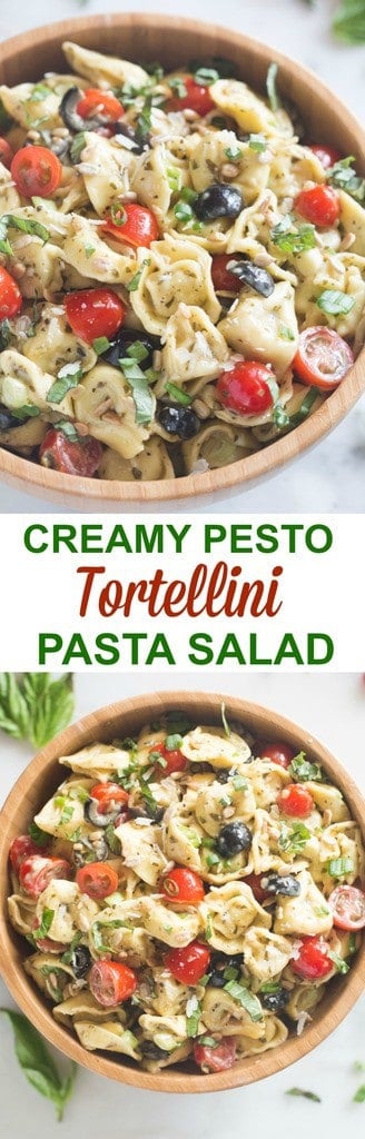 Creamy Pesto Tortellini Pasta Salad is completely delicious and comes together in just a few minutes. The creamy caesar pesto dressing shines paired with tender tortellini pasta. This is a family-favorite, served as a side dish or a main course. #pastasalad #easy #cold #recipe #tastesbetterfromscratch.com