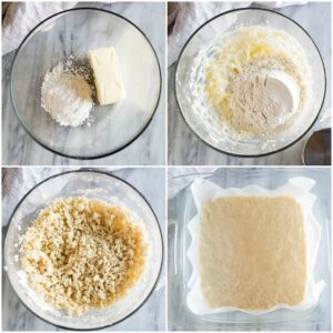 Four overhead process photos for making a shortbread crust for lemon bars, including making the dough from butter, powdered sugar, flour, and pressing it into a baking dish lined with parchment paper.