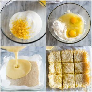 A collage of four overhead photos showing the process for making lemon bars, including making the lemon filling with lemon zest, sugar, eggs, and flour, pouring the filling over a baked shortbread crust, and a photo of the cooked lemon bars cut into squares.