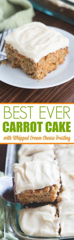 This classic, no-nonsense carrot cake recipe is The BEST! Perfectly light and moist with a light, whipped cream cheese frosting. | tastesbetterfromscratch.com 