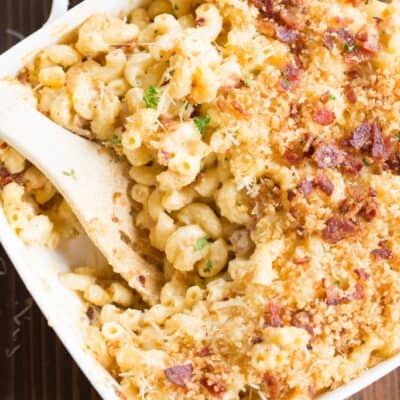 A casserole dish of mac and cheese with bacon.
