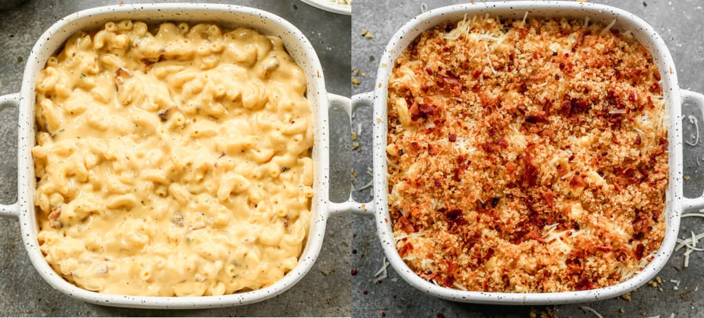 Two process photos for adding panko topping on mac and cheese, ready to bake.