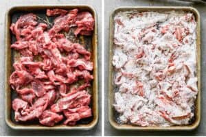 A sheet pan with slices of flank steak, and then the steak tossed in cornstarch.