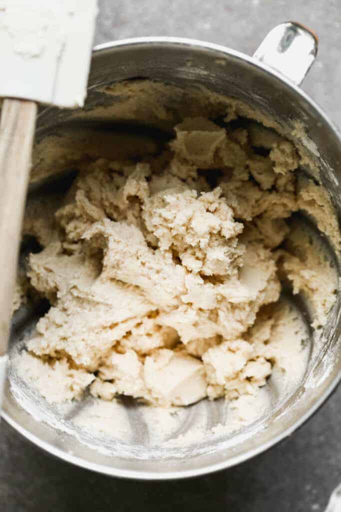 Dough for snickerdoodles, in a mixing bowl.