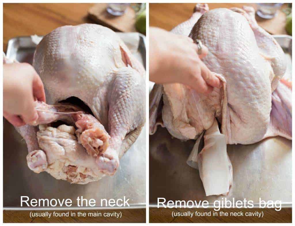 The neck and giblets from inside the turkey cavity are being removed.