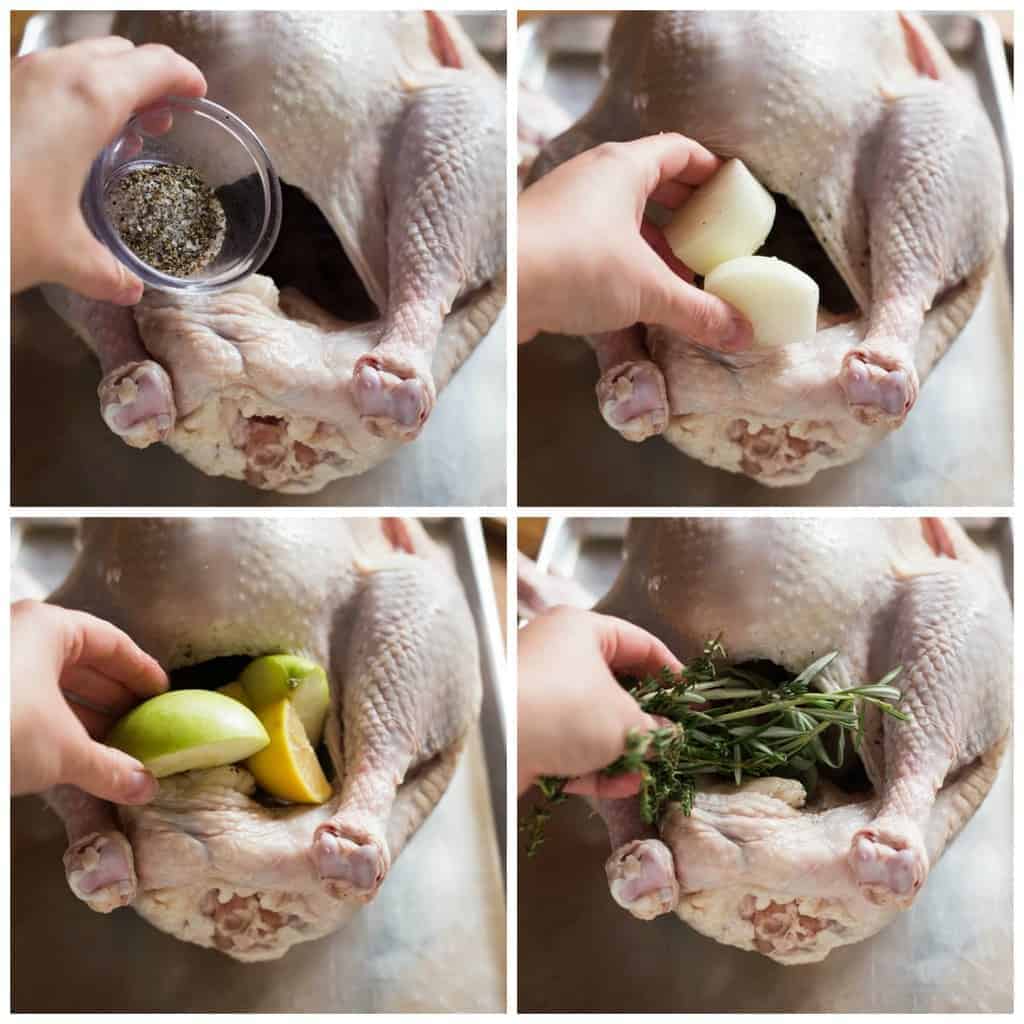 Four photos showing the cavity of the turkey being stuffed with salt, pepper, onion, apple, lemon and herbs.