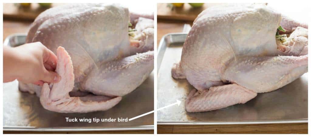 Two photos showing the wing of a turkey being tucked underneath the bird.