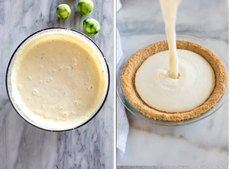 Key lime pie filling in a bowl, then being poured into a graham cracker crust.