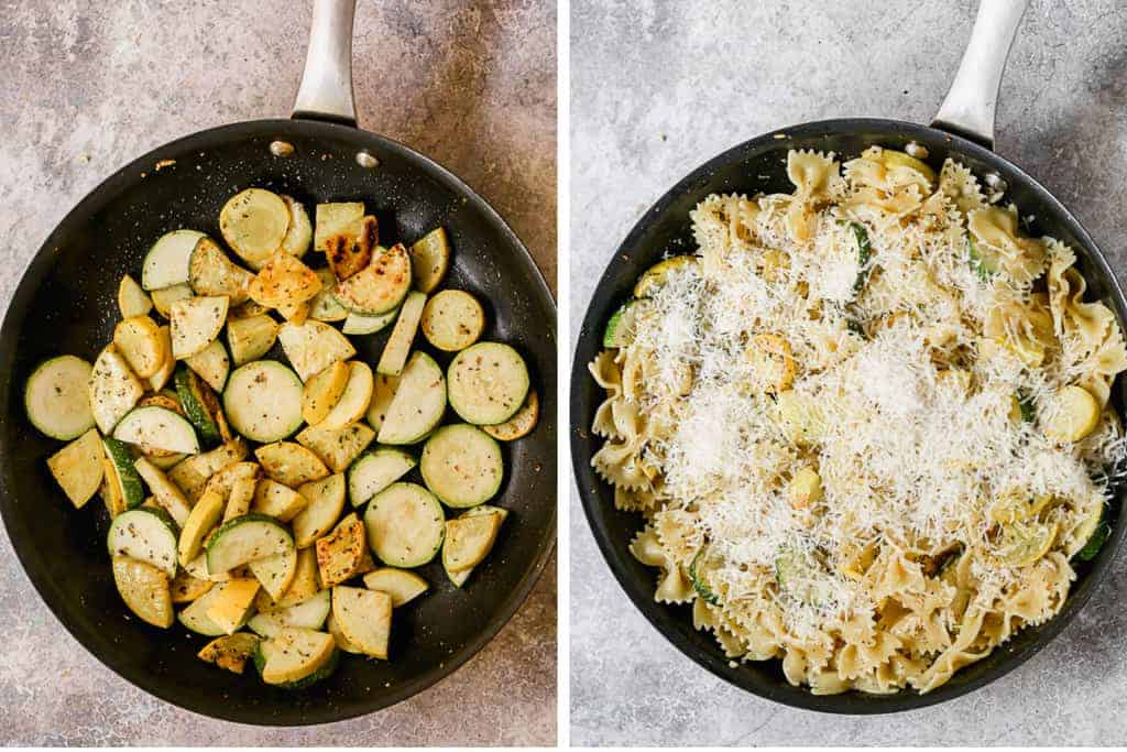 Zucchini and yellow squash sautéed in a skillet, then pasta and parmesan cheese added.