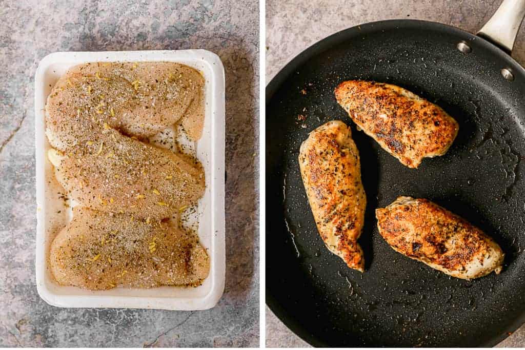 Raw chicken with dry seasonings on it next to another photo of the chicken cooking in a skillet.