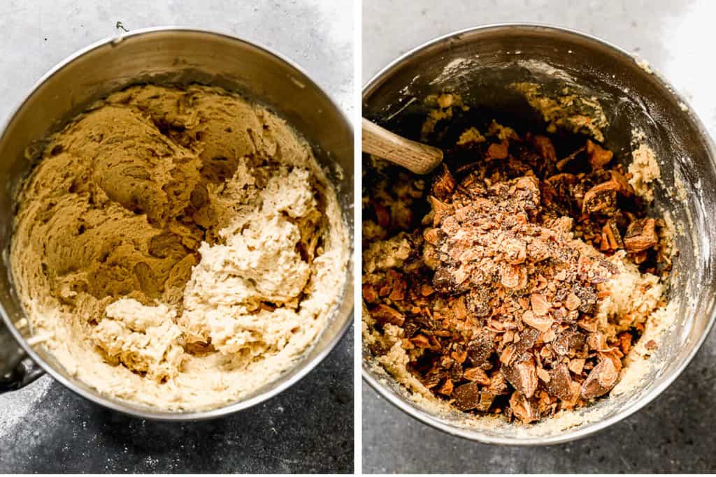 A two image collage showing the batter for butterfinger bars, then chopped butterfingers added.