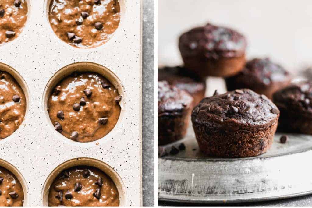 Chocolate muffin batter in a muffin tin next to another photo of the baked muffins on a plate.