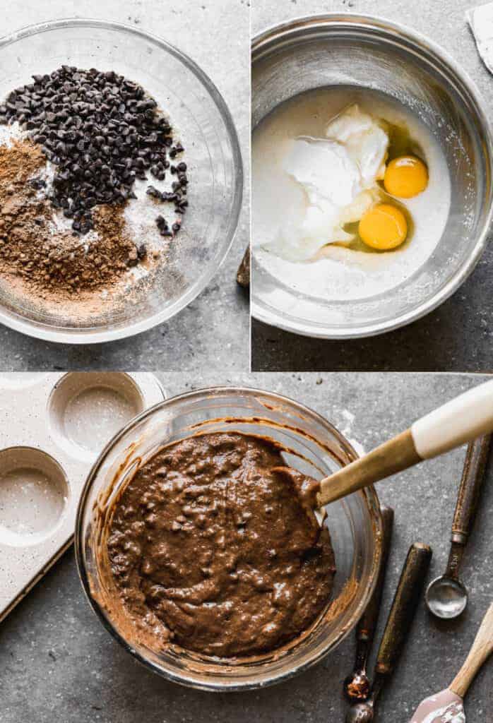Three process photos for making the batter for chocolate muffins, in a mixing bowl.