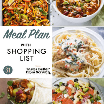 Collage of dinner recipe images comprising a weekly meal plan