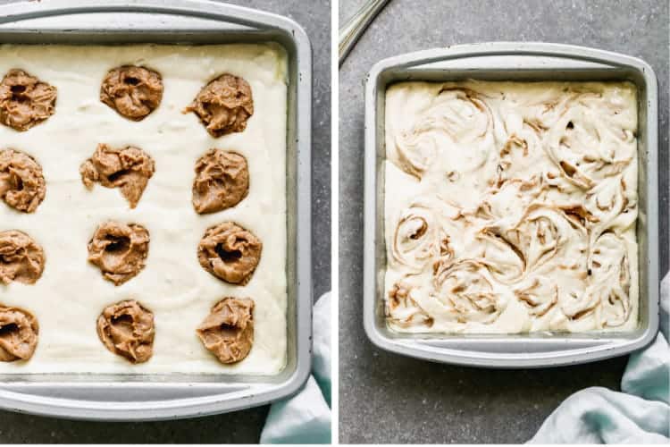 Two process photos for adding cinnamon filling to cake batter in a pan and swirling it into the batter.