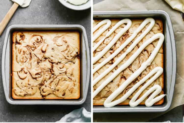 A baked cinnamon roll cake next to a photo of the cake topped with cream cheese frosting.