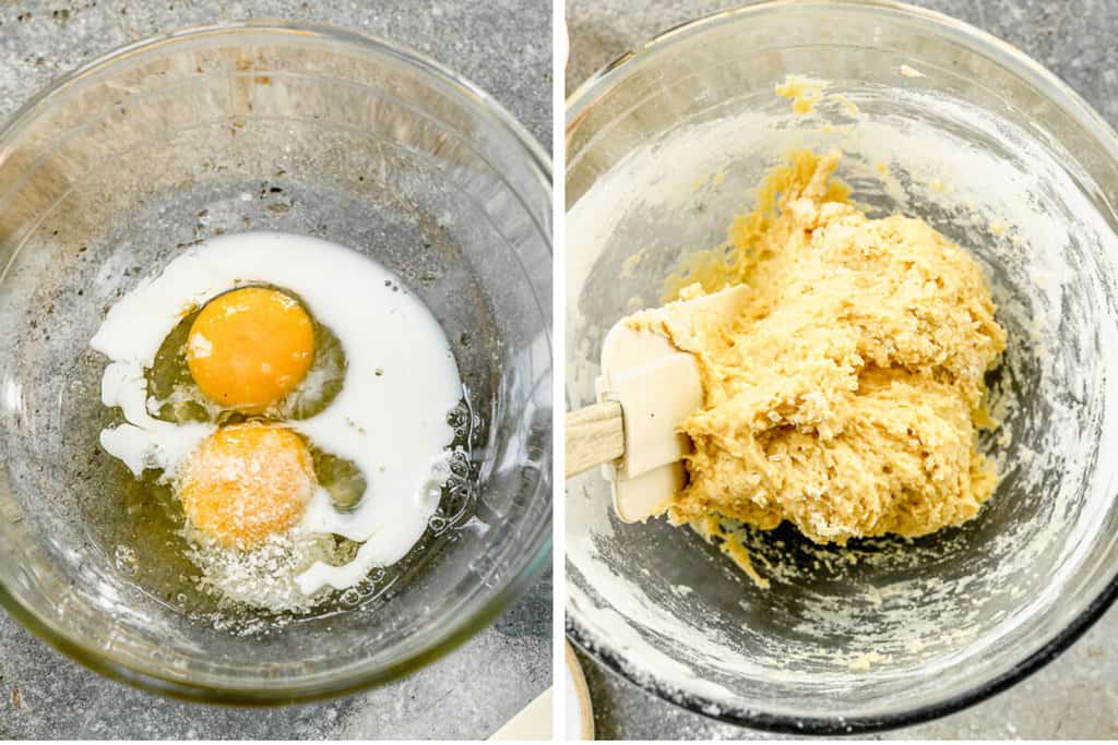 Dua gambar menunjukkan proses pembuatan adonan mie telur buatan sendiri.