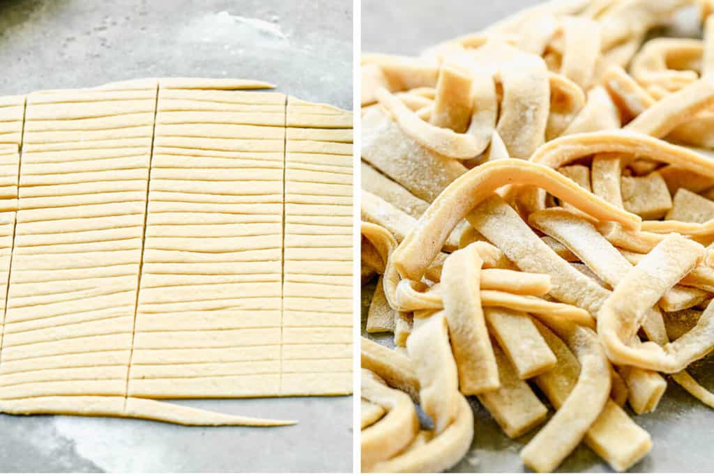 Two images showing homemade egg noodles cut, and then lightly tossed to shape them.
