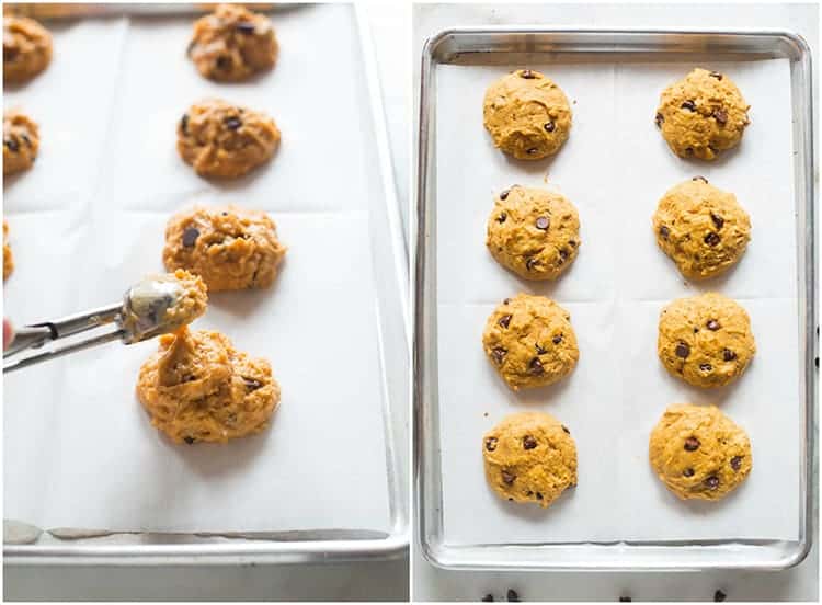Two side-by-side photos of a sheet pan with pumpkin chocolate chip cookie dough being scooped onto the pan, and then the pan with the baked cookies on it.
